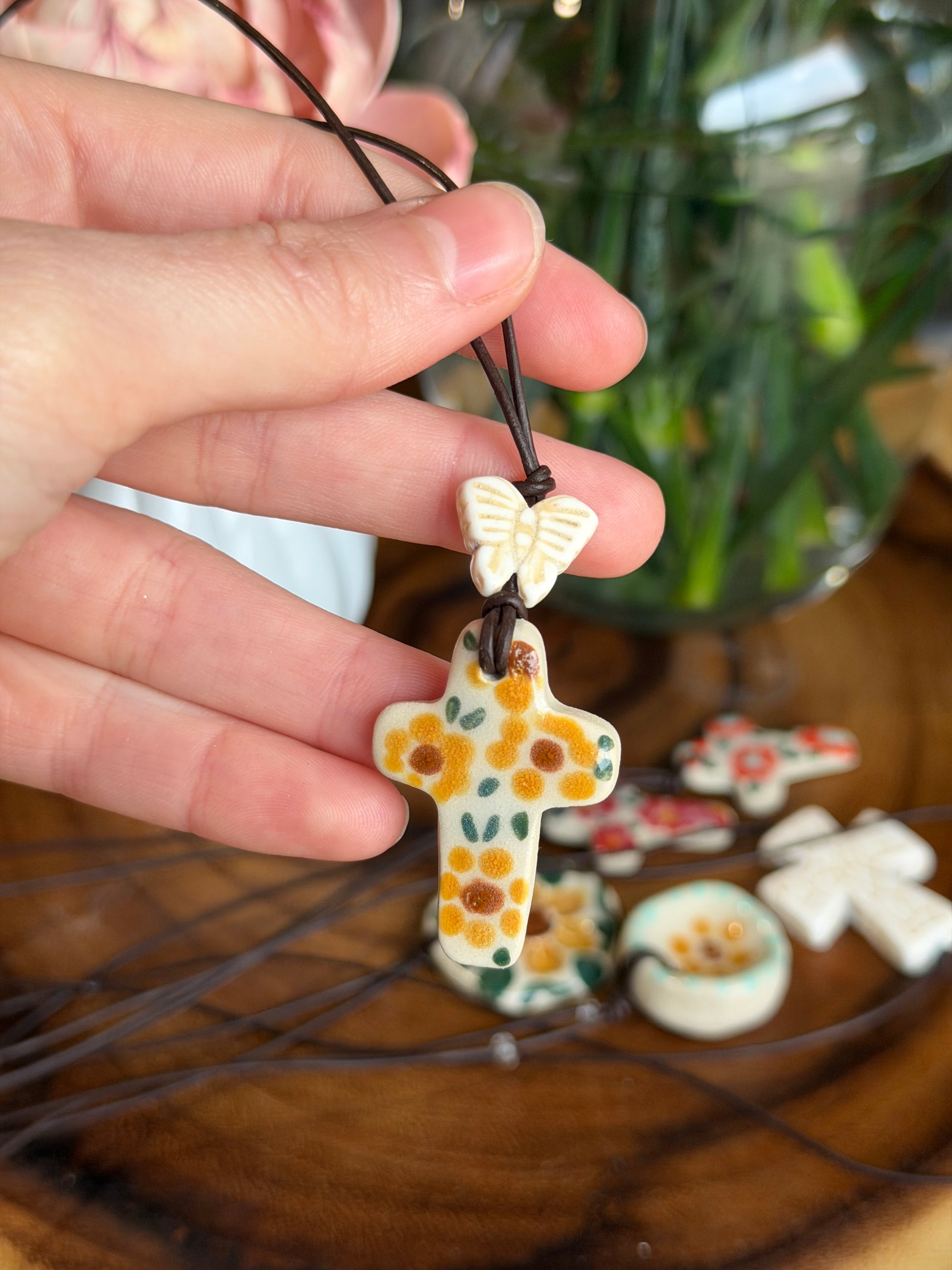 Yellow Cross & Butterfly Charm Necklace