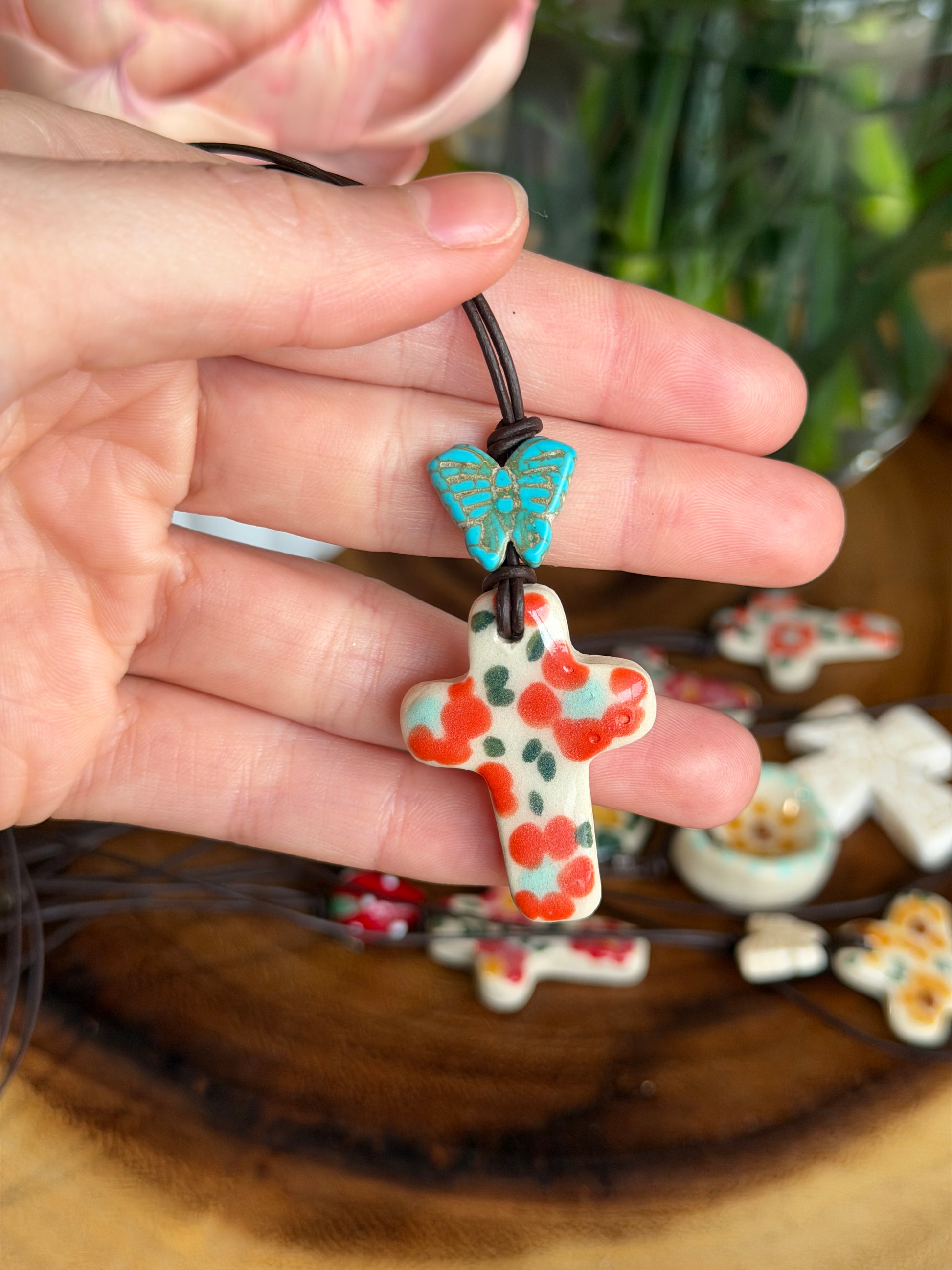 Orange Cross & Butterfly Charm Necklace